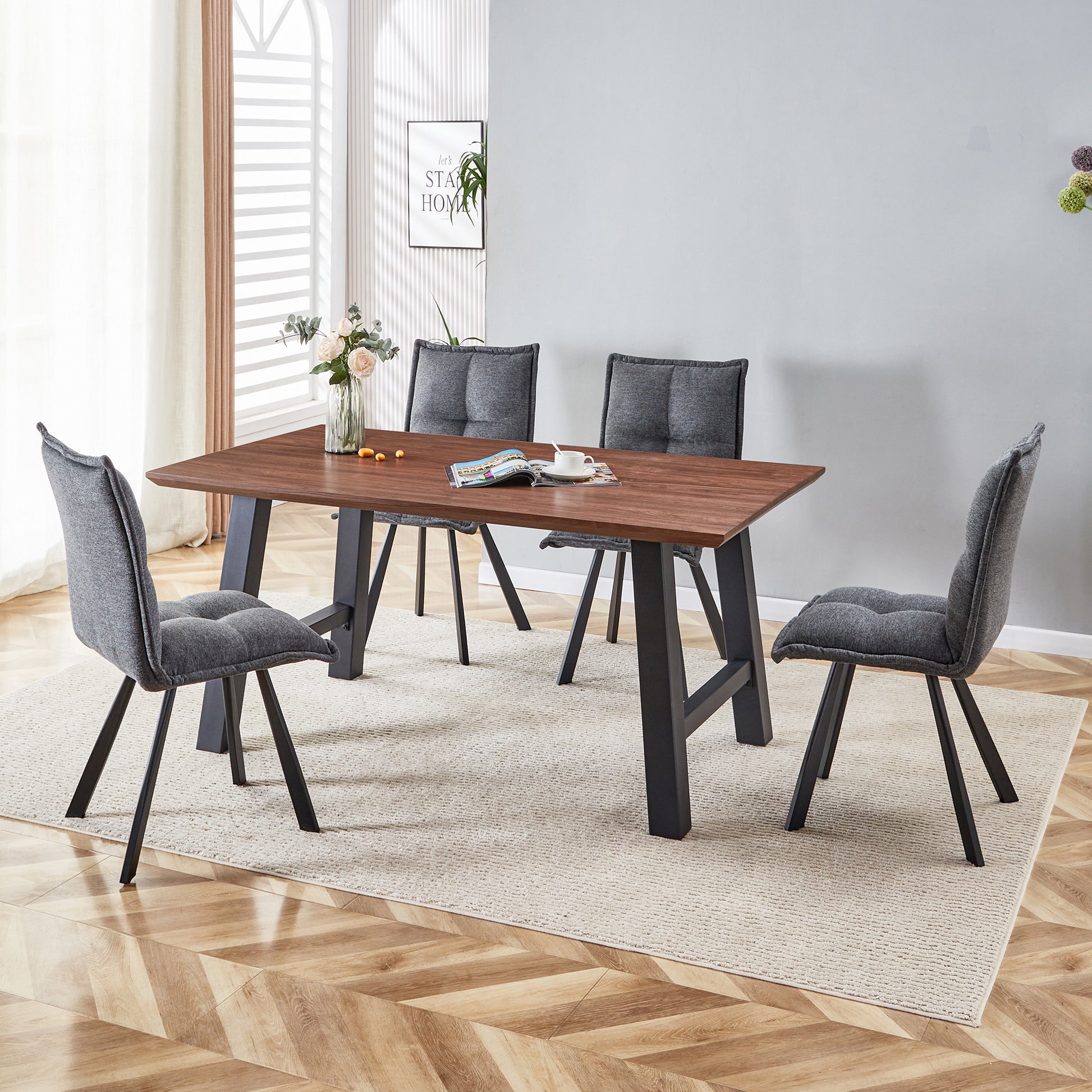 63 Inch Rectangle Dining Table Set For 4 6 People, Walnut Wood Effect, Suitable For Kitchens, Restaurants, And Living Rooms, 63" W X 35.43"D X 30" Dark Oak Dining Room Antique,Modern Kitchen & Dining Tables Mdf Steel