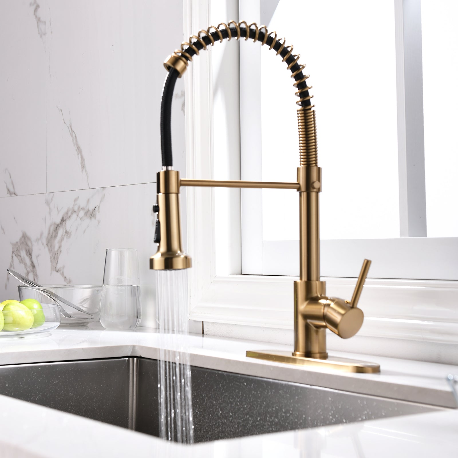 Commercial Brushed Nickel Kitchen Faucet With Pull Down Sprayer, Single Handle Single Lever Kitchen Sink Faucet With Deck Plate Brushed Gold Kitchen Contemporary Ceramic Brass