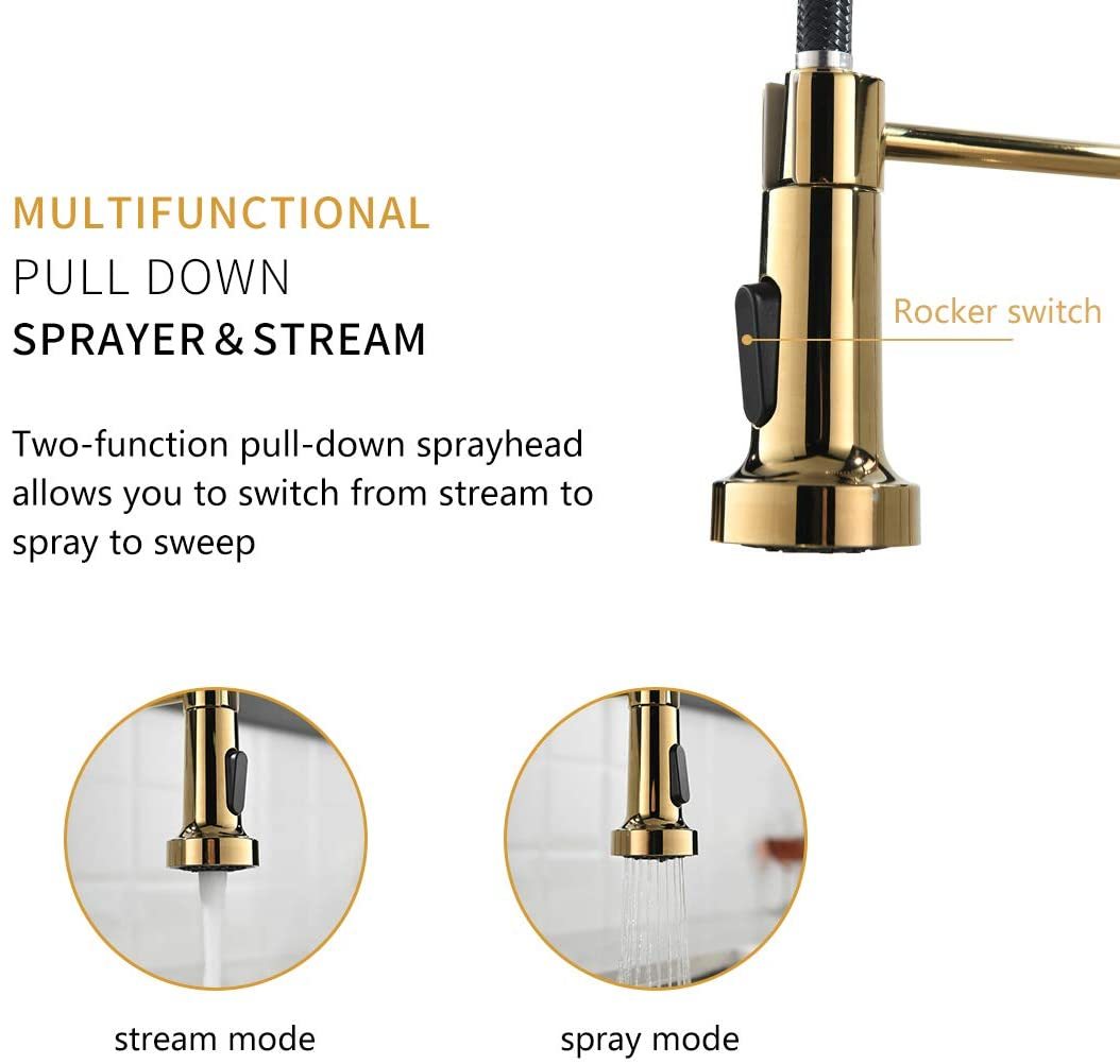 Commercial Black And Gold Kitchen Faucet With Pull Down Sprayer, Single Handle Single Lever Kitchen Sink Faucet Black Gold Kitchen Contemporary Ceramic Brass