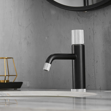 Modern Black And Brushed Nickel Faucet Brass Bathroom Basin Faucet Design Deck Mounted Water Mixer Tap Bathroom Joystick Geometric One Black Silver Side Sprayer Deck Mounted Cartridge Valve Single Hole Faucets Matte Black Contemporary 1 Hole Faucets