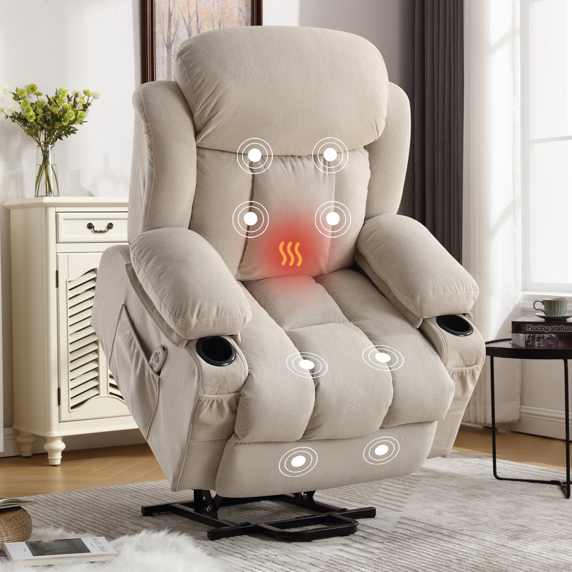 Power Lift Recliner Chair With Heat And Massage Electric Fabric Recliner Chair For Elderly With Side Pocket, Usb Charge Port, Remote Control For Living Room Beige A B Beige Velvet Metal Soft Heavy Duty Cotton Velvet