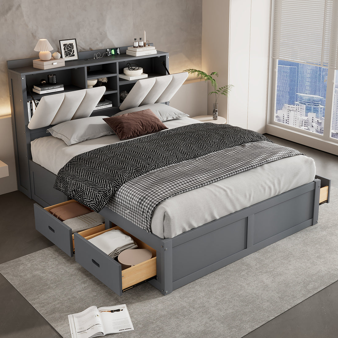 Wood Full Size Platform Bed With Storage Headboard And 4 Drawers, Gray Box Spring Not Required Full Gray Wood Bedroom Bed Frame Solid Wood Mdf