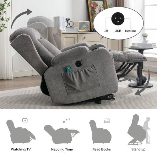 Power Lift Recliner Chair Recliners For Elderly With Heat And Massage Recliner Chair For Living Room With Infinite Position And Side Pocket,Usb Charge Port Grey Grey Power Push Button Soft Heavy Duty Cotton Wood Metal