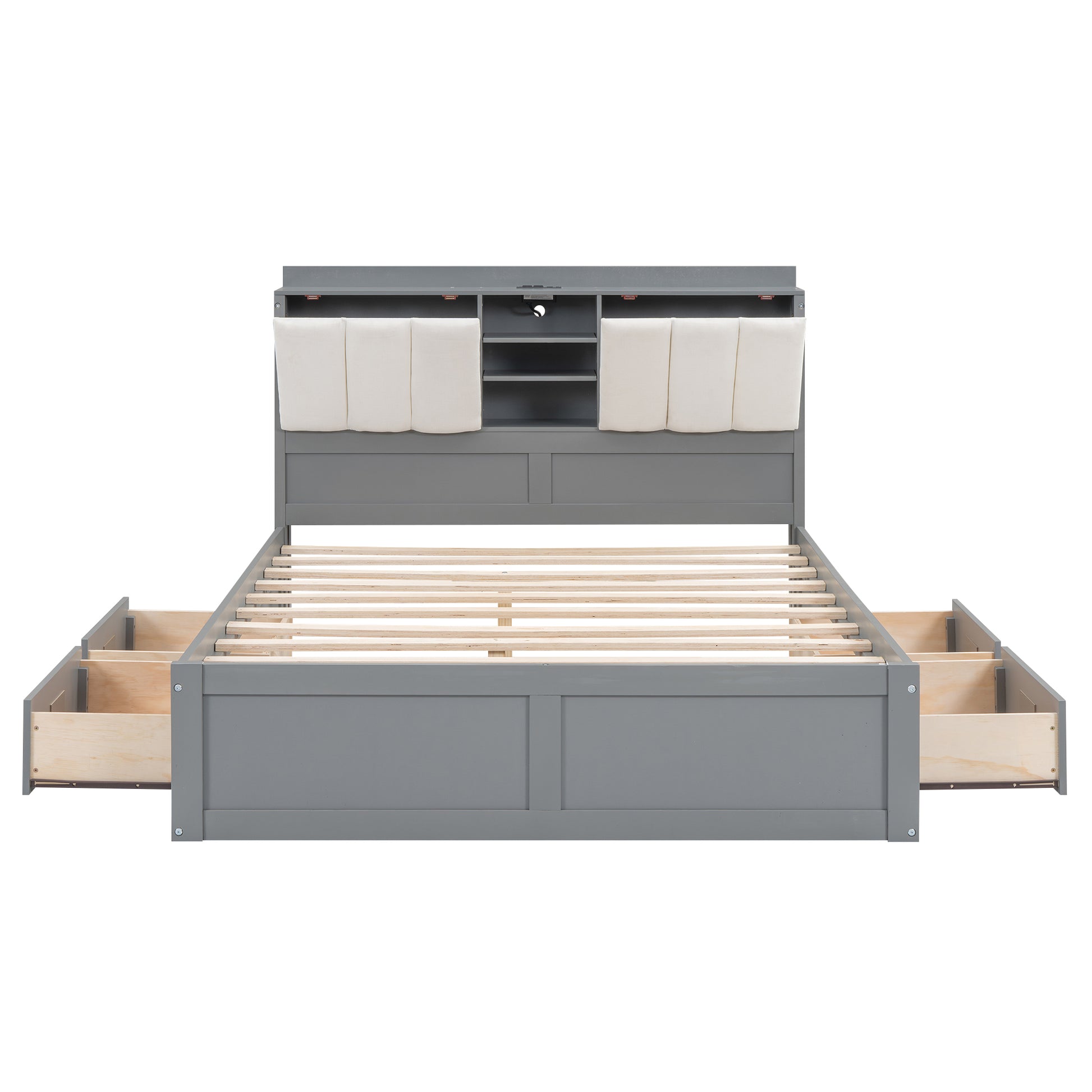 Wood Full Size Platform Bed With Storage Headboard And 4 Drawers, Gray Box Spring Not Required Full Gray Wood Bedroom Bed Frame Solid Wood Mdf