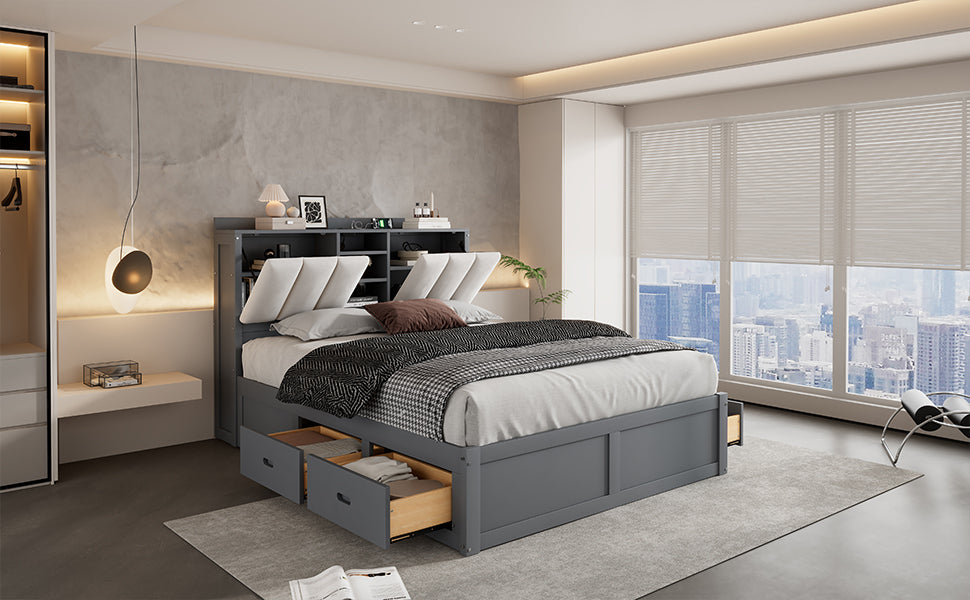 Wood Full Size Platform Bed With Storage Headboard And 4 Drawers, Gray Box Spring Not Required Full Gray Wood Bedroom Bed Frame Solid Wood Mdf