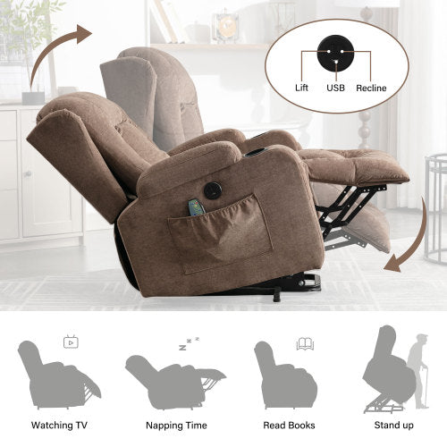 Power Lift Recliner Chair Recliners For Elderly With Heat And Massage Recliner Chair For Living Room With Infinite Position And Side Pocket,Usb Charge Port Brown Brown Power Push Button Soft Heavy Duty Cotton Wood Metal