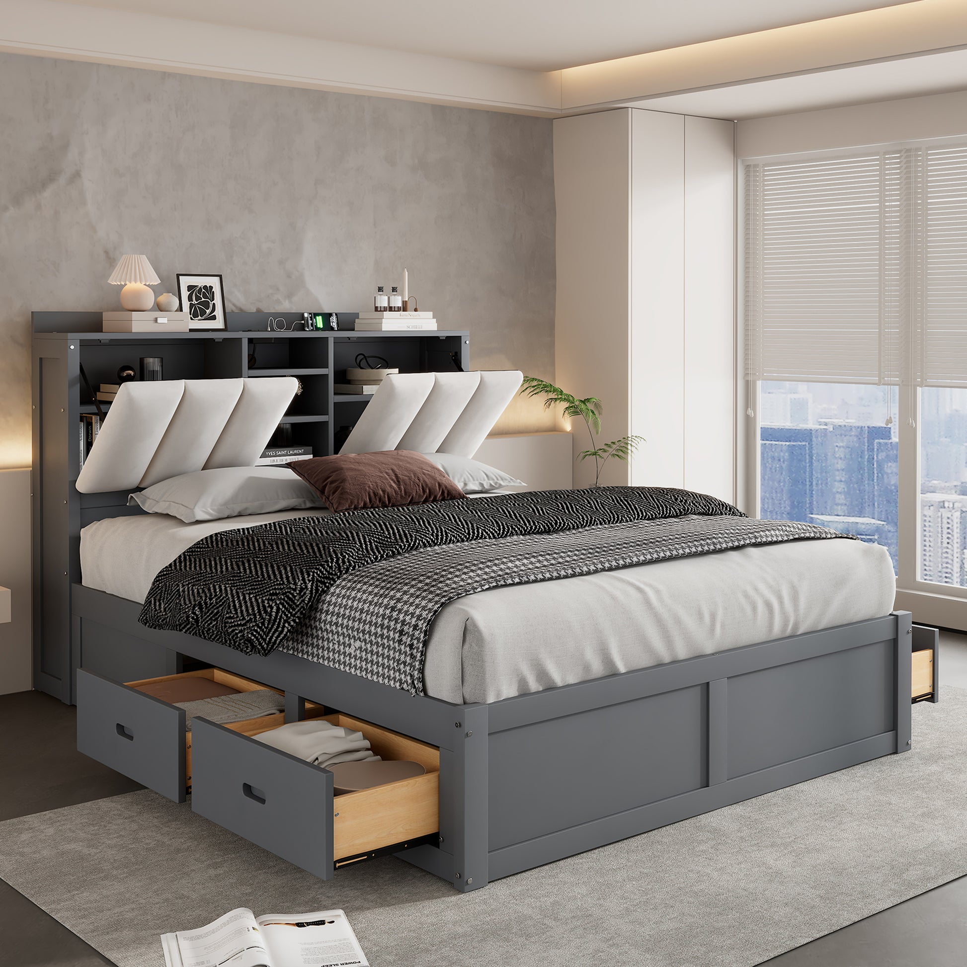 Wood Full Size Platform Bed With Storage Headboard And 4 Drawers, Gray Box Spring Not Required Full Gray Wood Bedroom Bed Frame Solid Wood Mdf