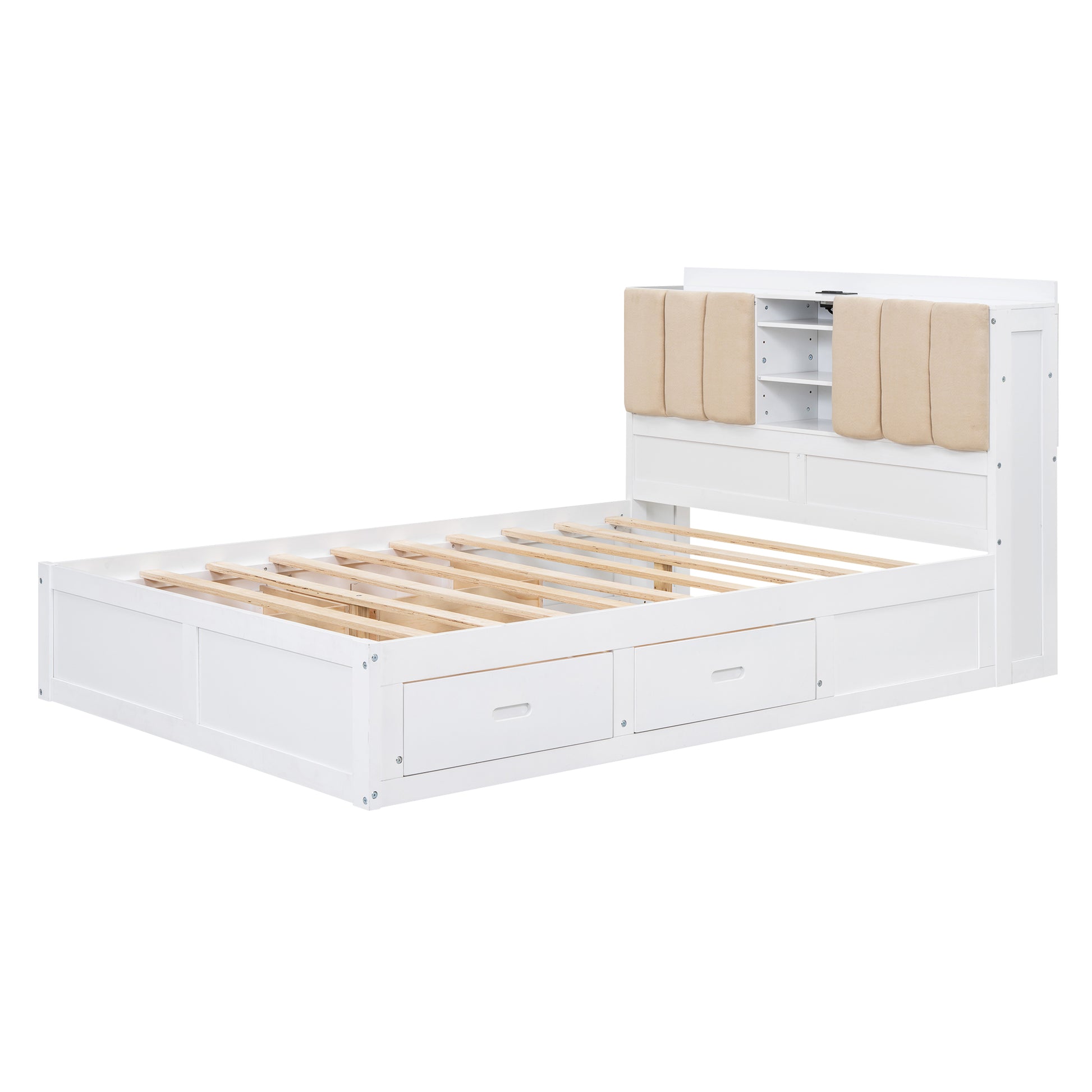 Wood Full Size Platform Bed With Storage Headboard And 4 Drawers, White Box Spring Not Required Full Antique White Wood Bedroom Bed Frame Solid Wood Mdf