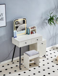 Fluted Makeup Vanity Desk With Square Led Mirror And Lights, Modern Glass Top Big Vanity Table With 4 Drawers & Adjustable Shelves, Dressing Table Set With Stools Table With Movable Side Table Milk White 4 Drawers Mdf