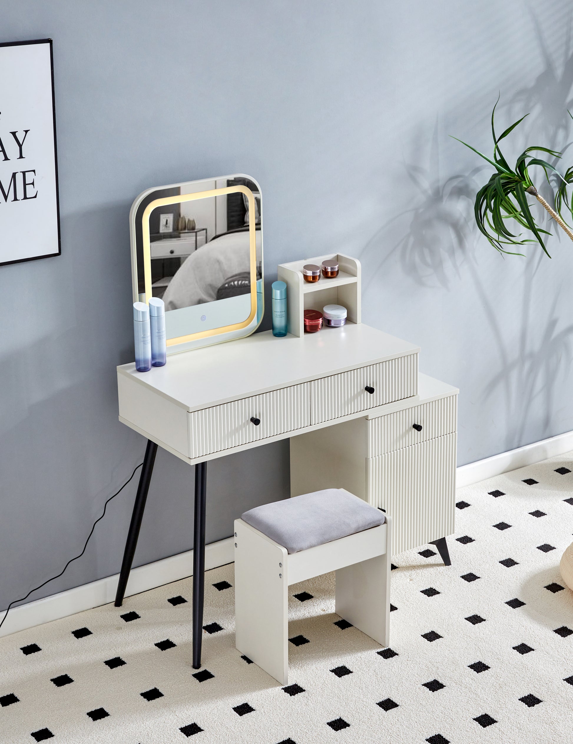 Fluted Makeup Vanity Desk With Square Led Mirror And Lights, Modern Glass Top Big Vanity Table With 4 Drawers & Adjustable Shelves, Dressing Table Set With Stools Table With Movable Side Table Milk White 4 Drawers Mdf