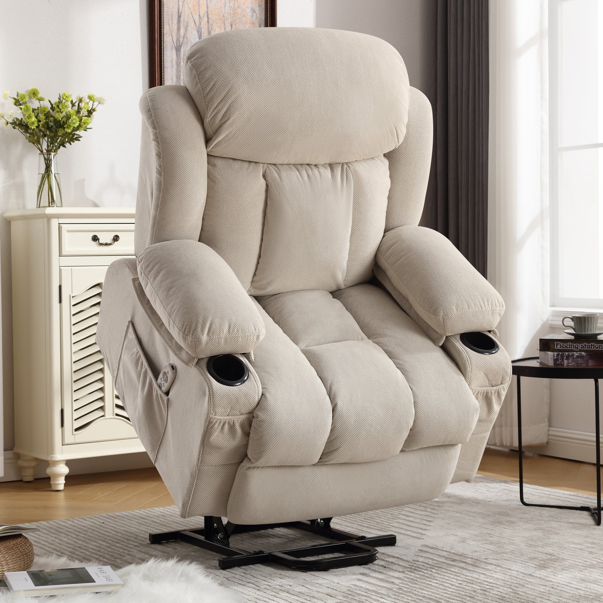 Power Lift Recliner Chair With Heat And Massage Electric Fabric Recliner Chair For Elderly With Side Pocket, Usb Charge Port, Remote Control For Living Room Beige A B Beige Velvet Metal Soft Heavy Duty Cotton Velvet