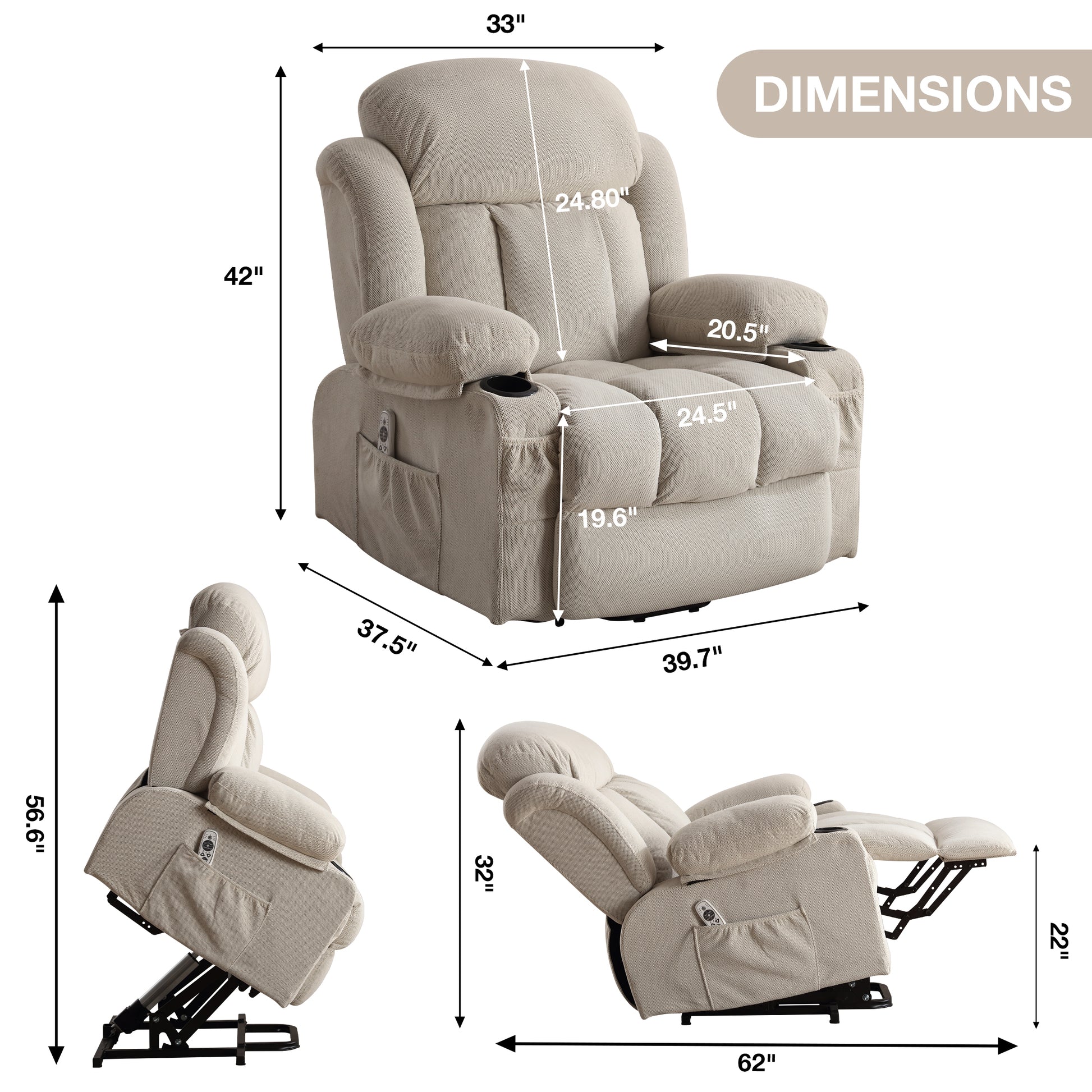 Power Lift Recliner Chair With Heat And Massage Electric Fabric Recliner Chair For Elderly With Side Pocket, Usb Charge Port, Remote Control For Living Room Beige A B Beige Velvet Metal Soft Heavy Duty Cotton Velvet