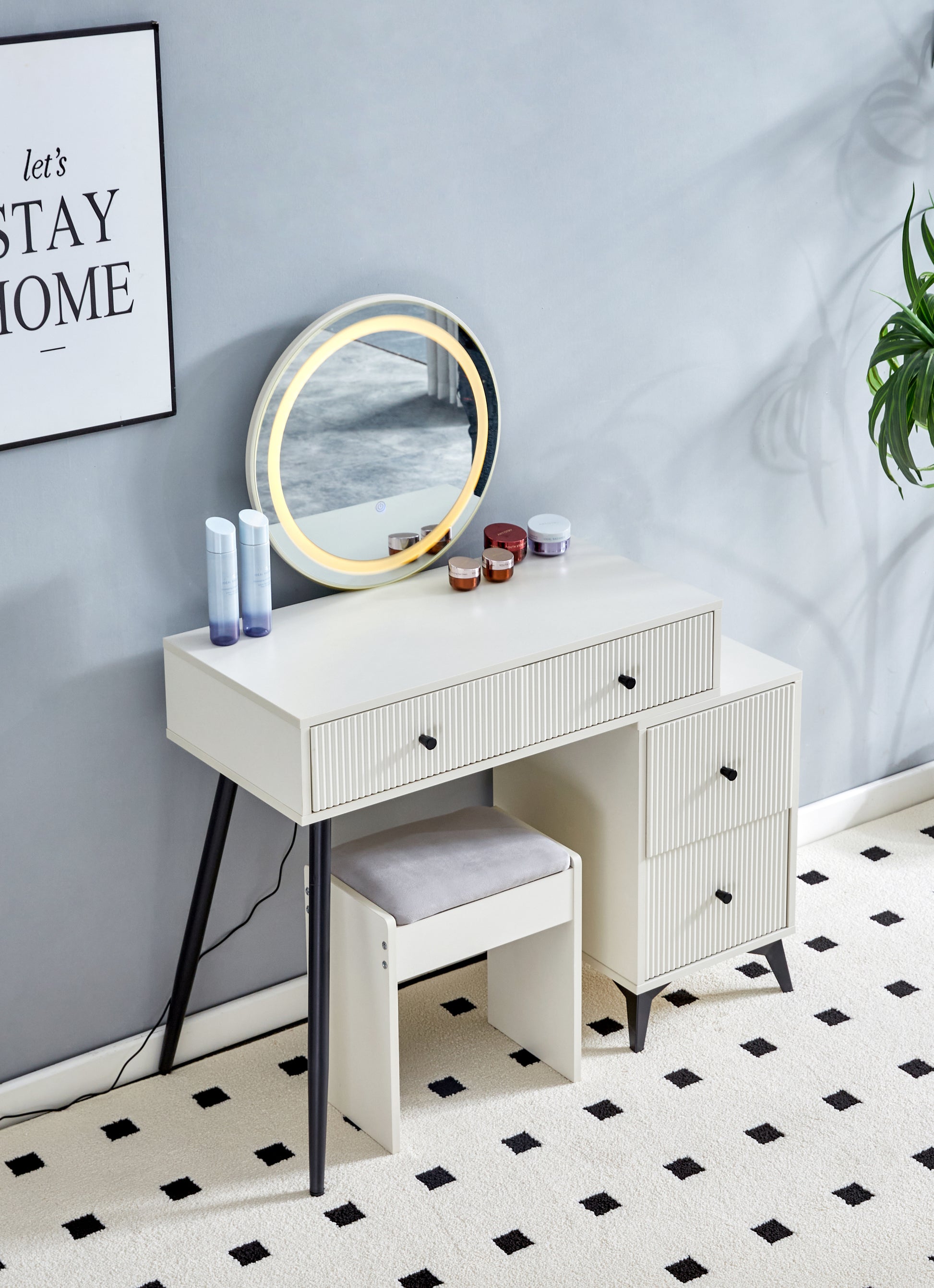 Fluted Makeup Vanity Desk With Round Led Mirror And Lights, Modern Glass Top Big Vanity Table With 4 Drawers & Adjustable Shelves, Dressing Table Set With Stools Table With Movable Side Table Milk White 4 Drawers Mdf