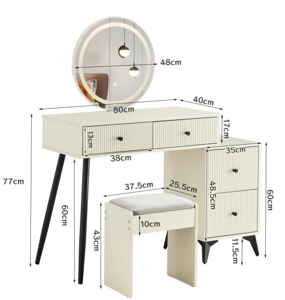 Fluted Makeup Vanity Desk With Round Led Mirror And Lights, Modern Glass Top Big Vanity Table With 4 Drawers & Adjustable Shelves, Dressing Table Set With Stools Table With Movable Side Table Milk White 4 Drawers Mdf