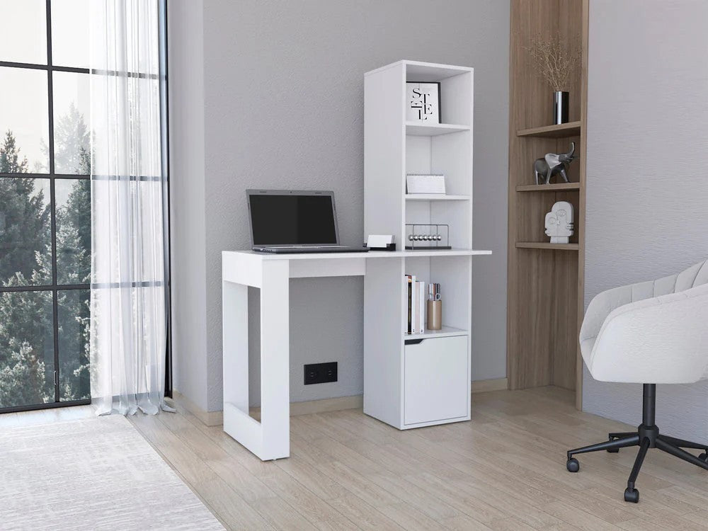 White Writing Computer Desk With Storage Cabinet And Bookcase With 4 Shevels, For Small And Big Spaces. White Particle Board Particle Board