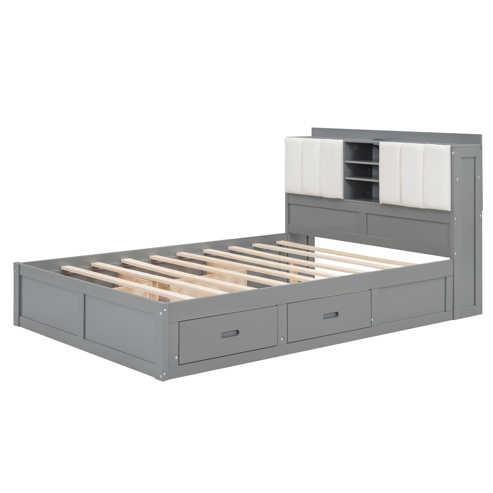 Wood Full Size Platform Bed With Storage Headboard And 4 Drawers, Gray Box Spring Not Required Full Gray Wood Bedroom Bed Frame Solid Wood Mdf