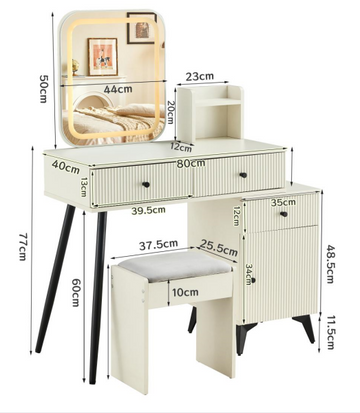 Fluted Makeup Vanity Desk With Square Led Mirror And Lights, Modern Glass Top Big Vanity Table With 4 Drawers & Adjustable Shelves, Dressing Table Set With Stools Table With Movable Side Table Milk White 4 Drawers Mdf