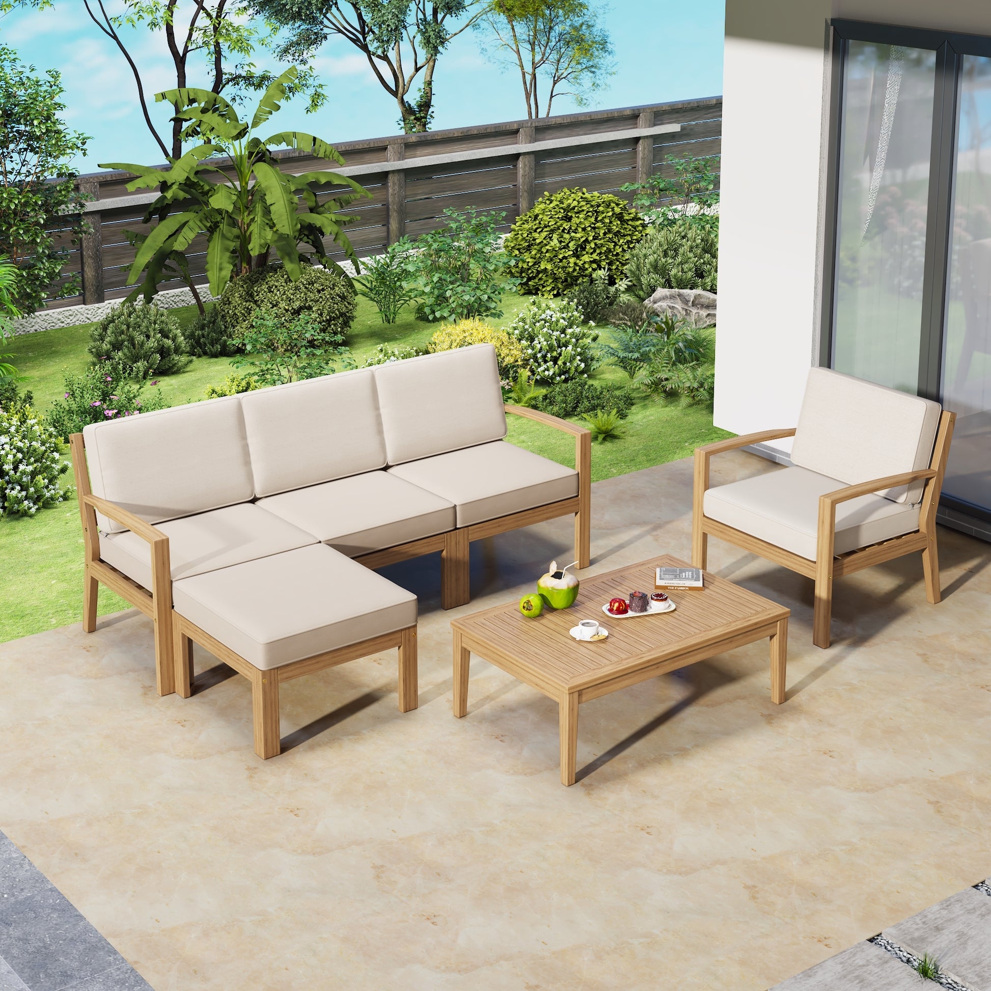 6 Piece Acacia Wood Frame Patio Sectional Sofa Set With Coffee Table And Removable Cushion For Garden Backyard Patio And Poolside Beige Beige Garden & Outdoor Acacia Wood