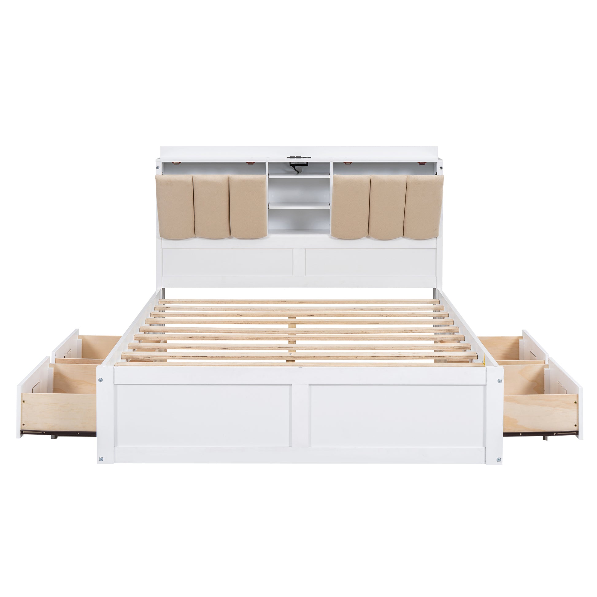 Wood Full Size Platform Bed With Storage Headboard And 4 Drawers, White Box Spring Not Required Full Antique White Wood Bedroom Bed Frame Solid Wood Mdf