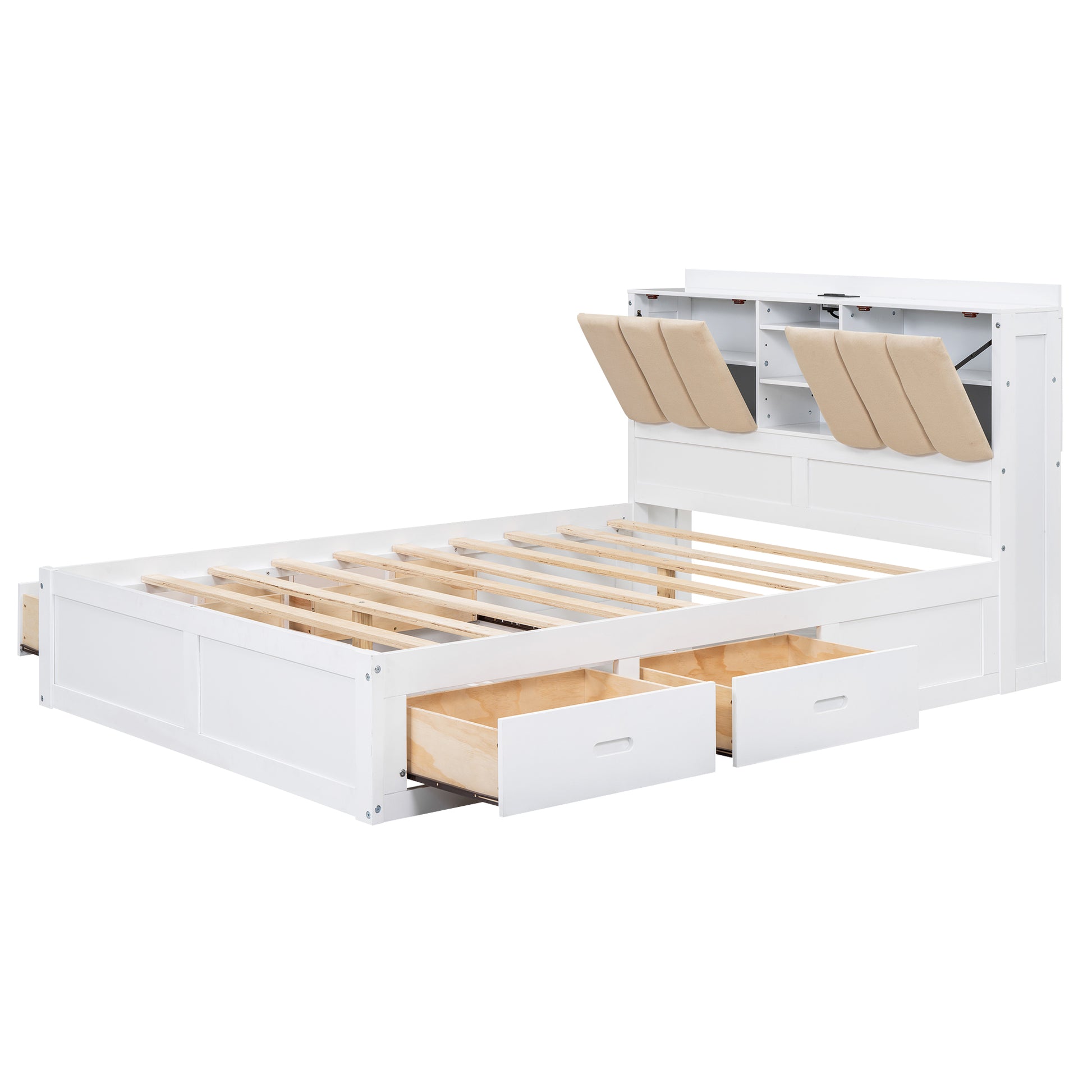 Wood Full Size Platform Bed With Storage Headboard And 4 Drawers, White Box Spring Not Required Full Antique White Wood Bedroom Bed Frame Solid Wood Mdf