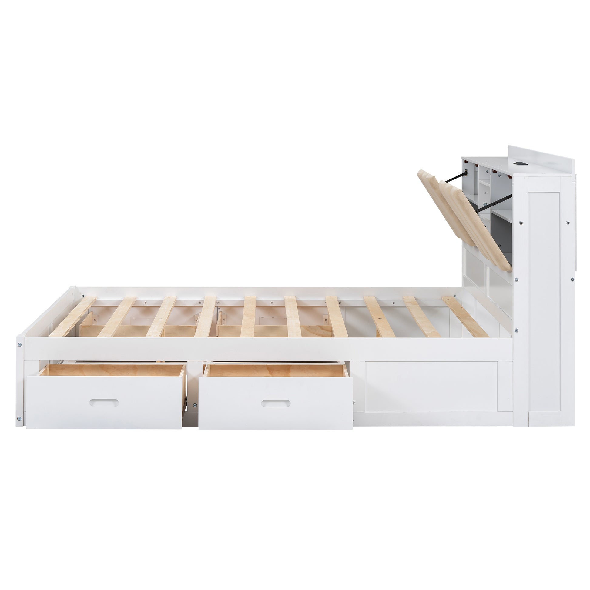 Wood Full Size Platform Bed With Storage Headboard And 4 Drawers, White Box Spring Not Required Full Antique White Wood Bedroom Bed Frame Solid Wood Mdf