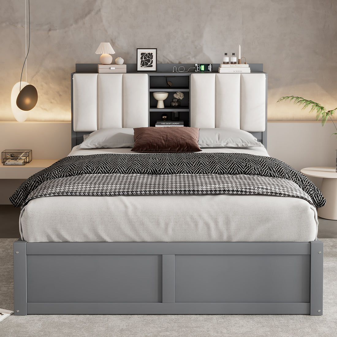 Wood Full Size Platform Bed With Storage Headboard And 4 Drawers, Gray Box Spring Not Required Full Gray Wood Bedroom Bed Frame Solid Wood Mdf