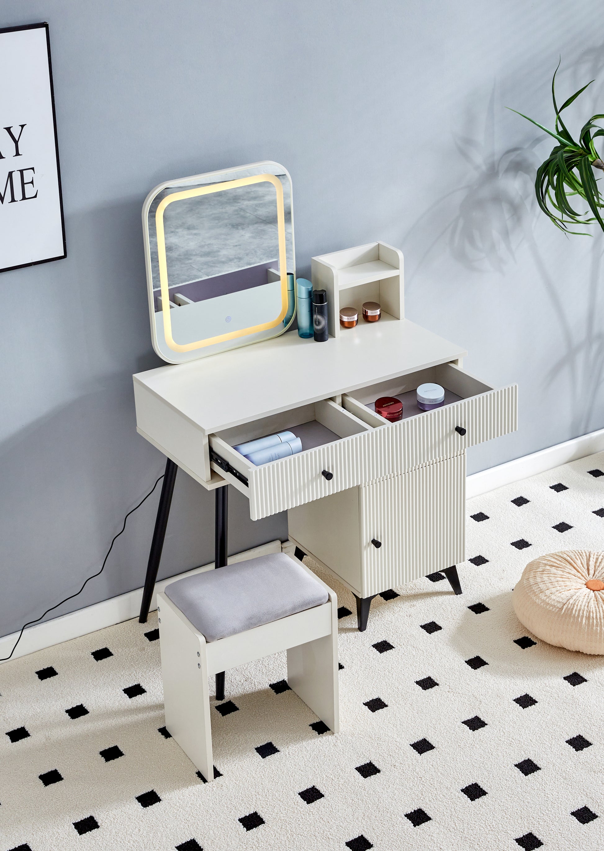 Fluted Makeup Vanity Desk With Square Led Mirror And Lights, Modern Glass Top Big Vanity Table With 4 Drawers & Adjustable Shelves, Dressing Table Set With Stools Table With Movable Side Table Milk White 4 Drawers Mdf