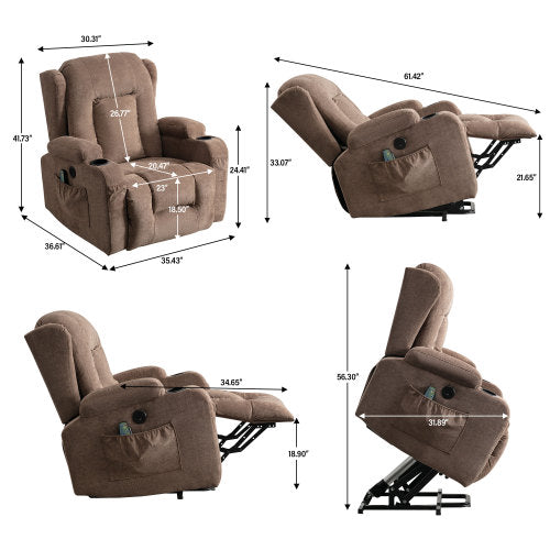 Power Lift Recliner Chair Recliners For Elderly With Heat And Massage Recliner Chair For Living Room With Infinite Position And Side Pocket,Usb Charge Port Brown Brown Power Push Button Soft Heavy Duty Cotton Wood Metal