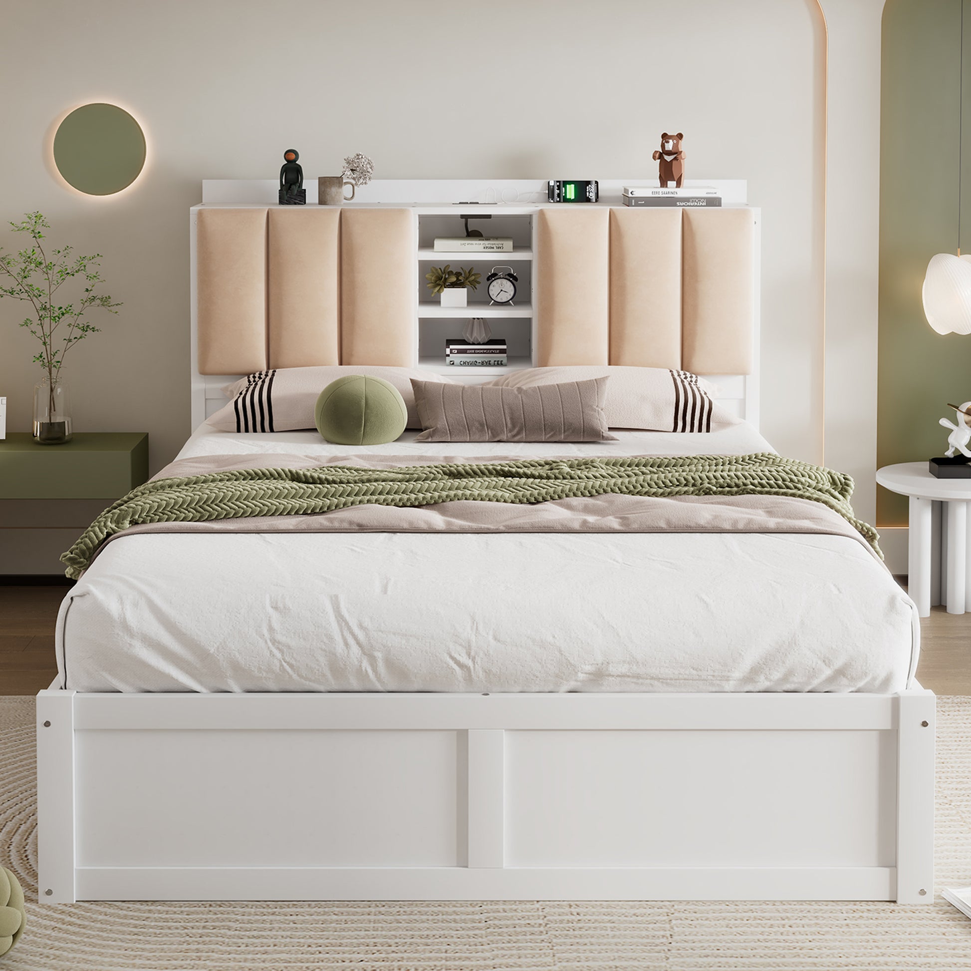 Wood Full Size Platform Bed With Storage Headboard And 4 Drawers, White Box Spring Not Required Full Antique White Wood Bedroom Bed Frame Solid Wood Mdf