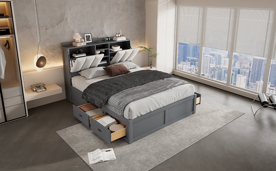 Wood Full Size Platform Bed With Storage Headboard And 4 Drawers, Gray Box Spring Not Required Full Gray Wood Bedroom Bed Frame Solid Wood Mdf