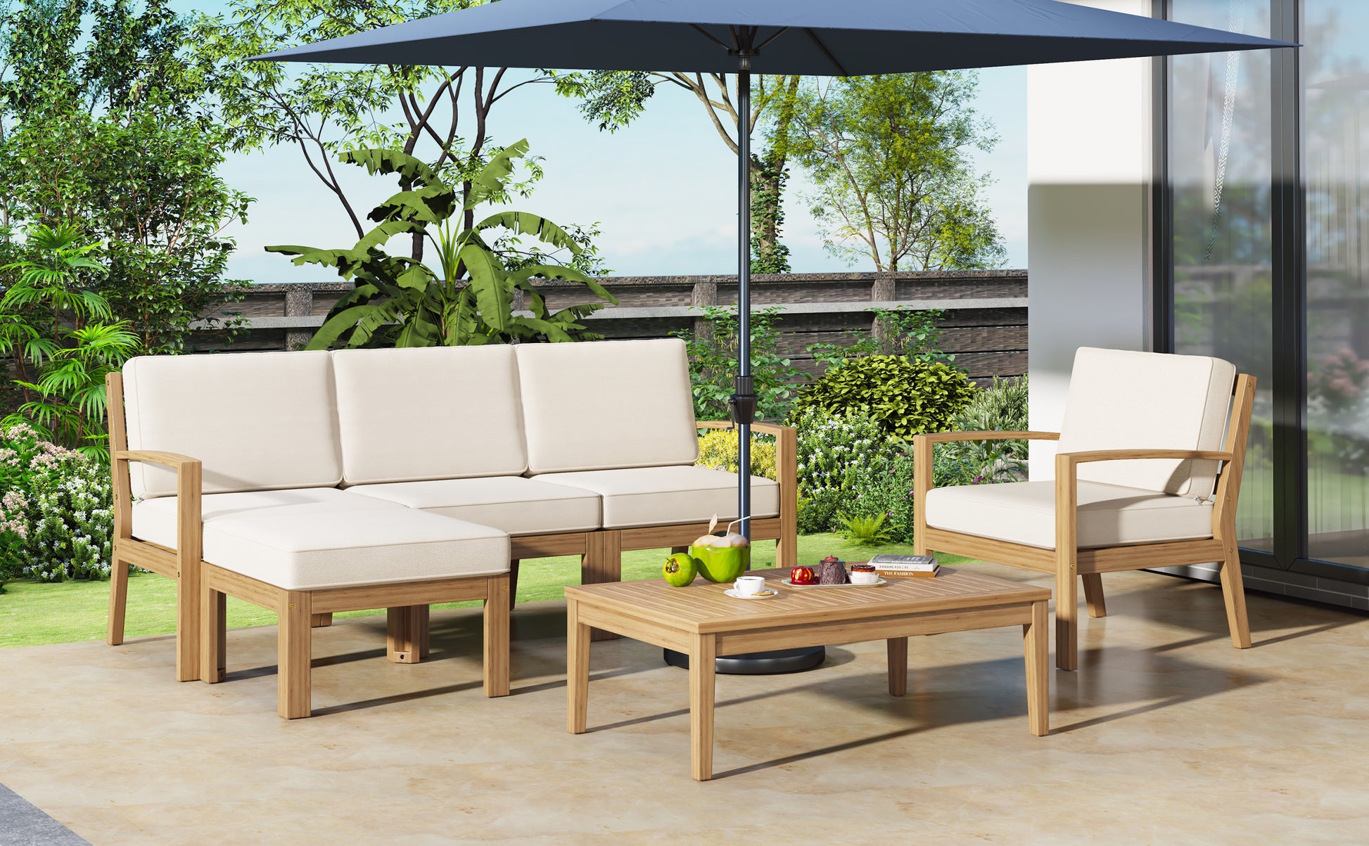 6 Piece Acacia Wood Frame Patio Sectional Sofa Set With Coffee Table And Removable Cushion For Garden Backyard Patio And Poolside Beige Beige Garden & Outdoor Acacia Wood