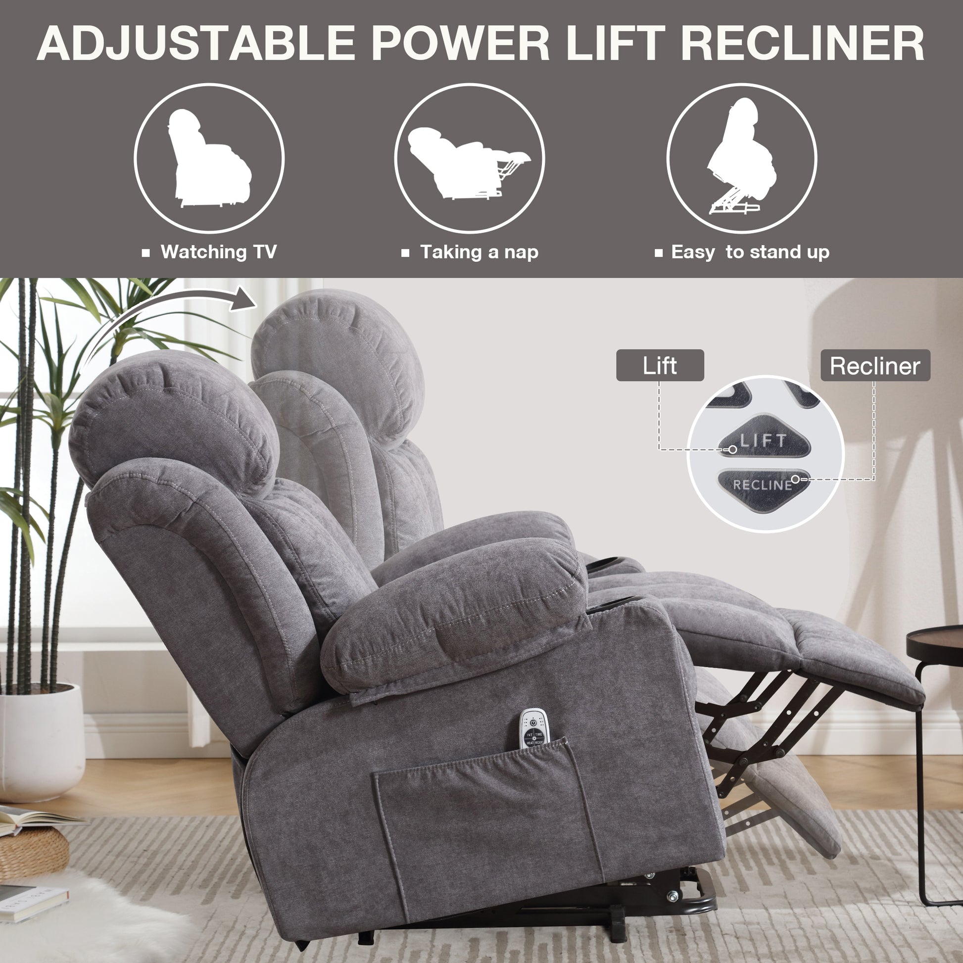 Power Lift Recliner Chair With Heat And Massage Electric Fabric Recliner Chair For Elderly With Side Pocket, Usb Charge Port, Remote Control For Living Room Grey A B Grey Linen Metal Soft Heavy Duty Cotton Linen