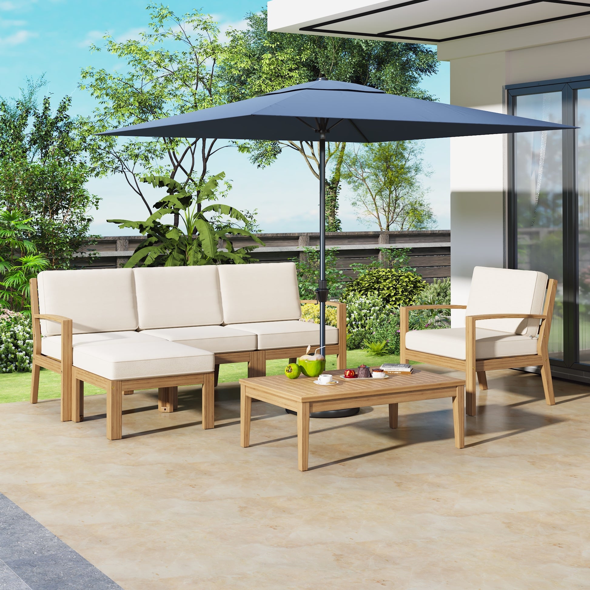 6 Piece Acacia Wood Frame Patio Sectional Sofa Set With Coffee Table And Removable Cushion For Garden Backyard Patio And Poolside Beige Beige Garden & Outdoor Acacia Wood