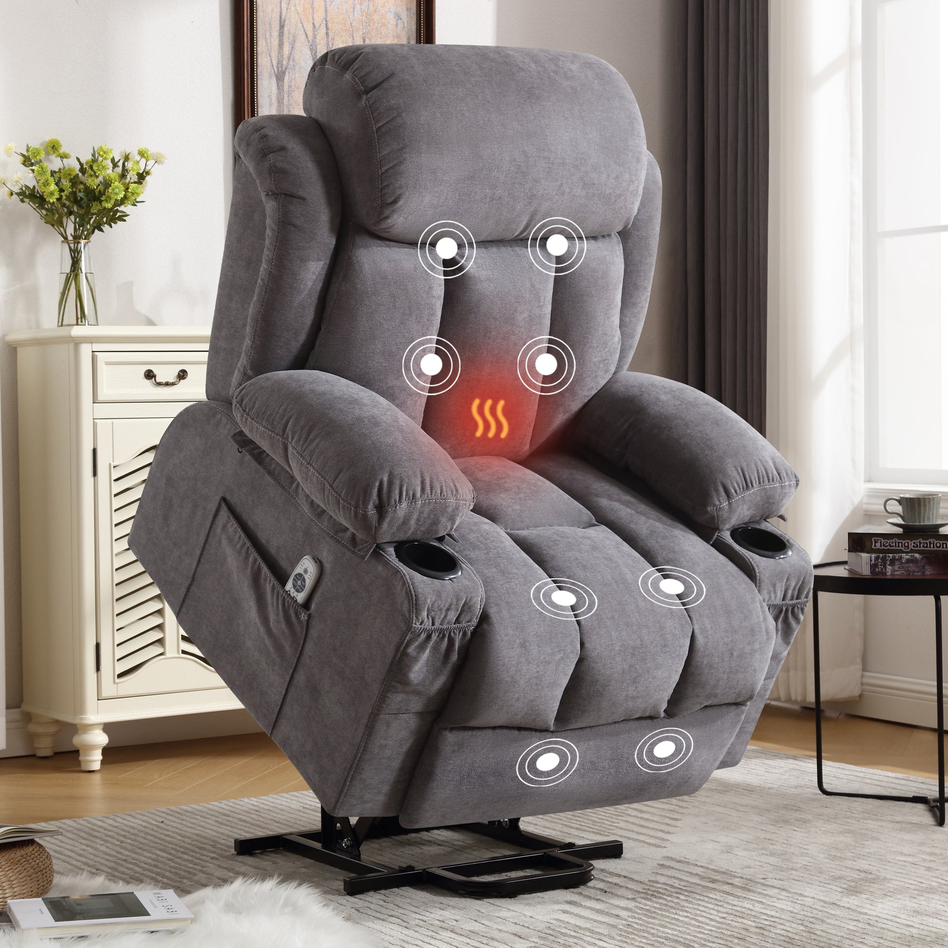 Power Lift Recliner Chair With Heat And Massage Electric Fabric Recliner Chair For Elderly With Side Pocket, Usb Charge Port, Remote Control For Living Room Grey A B Grey Linen Metal Soft Heavy Duty Cotton Linen