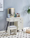 Fluted Makeup Vanity Desk With Square Led Mirror And Lights, Modern Glass Top Big Vanity Table With 4 Drawers & Adjustable Shelves, Dressing Table Set With Stools Table With Movable Side Table Milk White 4 Drawers Mdf