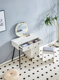 Fluted Makeup Vanity Desk With Round Led Mirror And Lights, Modern Glass Top Big Vanity Table With 4 Drawers & Adjustable Shelves, Dressing Table Set With Stools Table With Movable Side Table Milk White 4 Drawers Mdf