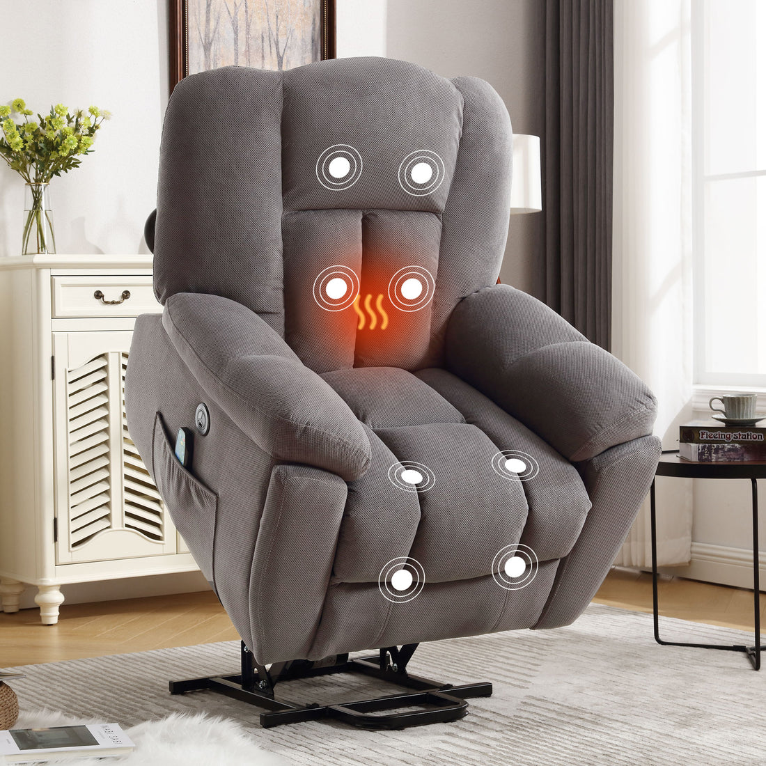 Power Lift Recliner Chair Recliners For Elderly With Heat And Massage Recliner Chair For Living Room With Infinite Position And Side Pocket,Usb Charge Port Grey Grey Soft Heavy Duty Cotton Wood