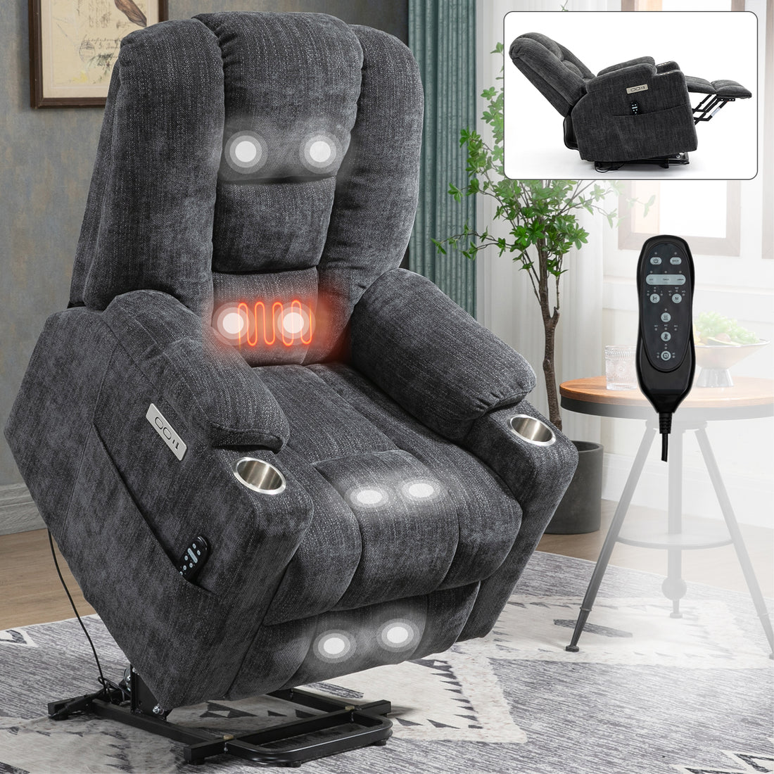 Emon'S Large Power Lift Recliner Chair With Massage And Heat For Elderly, Overstuffed Wide Recliners, Heavy Duty Motion Mechanism With Usb And Type C Ports, 2 Steel Cup Holders, Gray White Metal