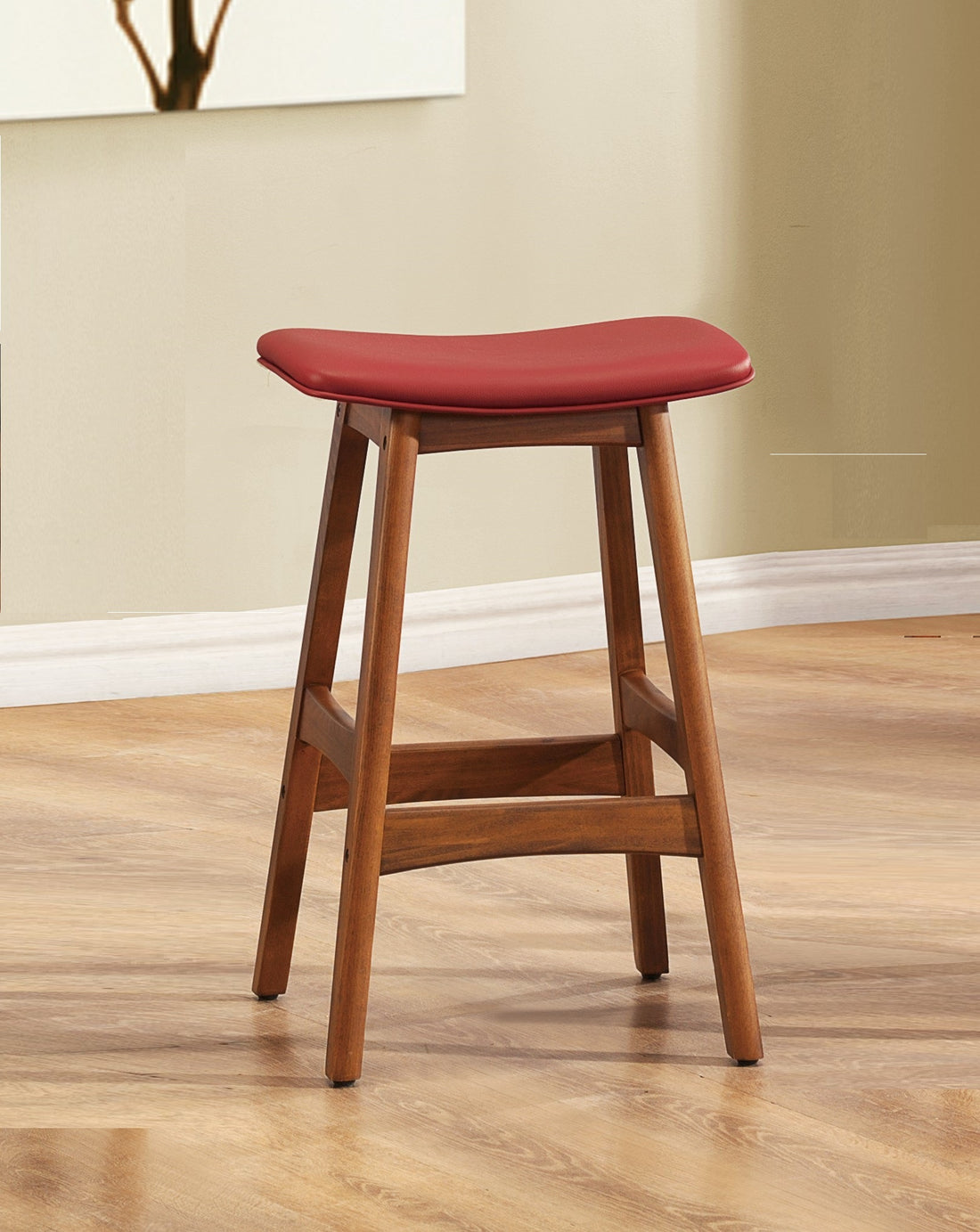 Solid Wood Walnut Finish Counter Height Stools Set Of 2 Red Faux Leather Seat Mid Century Modern Barstools Kitchen Dining Furniture Red Kitchen Mid Century Modern Solid Wood