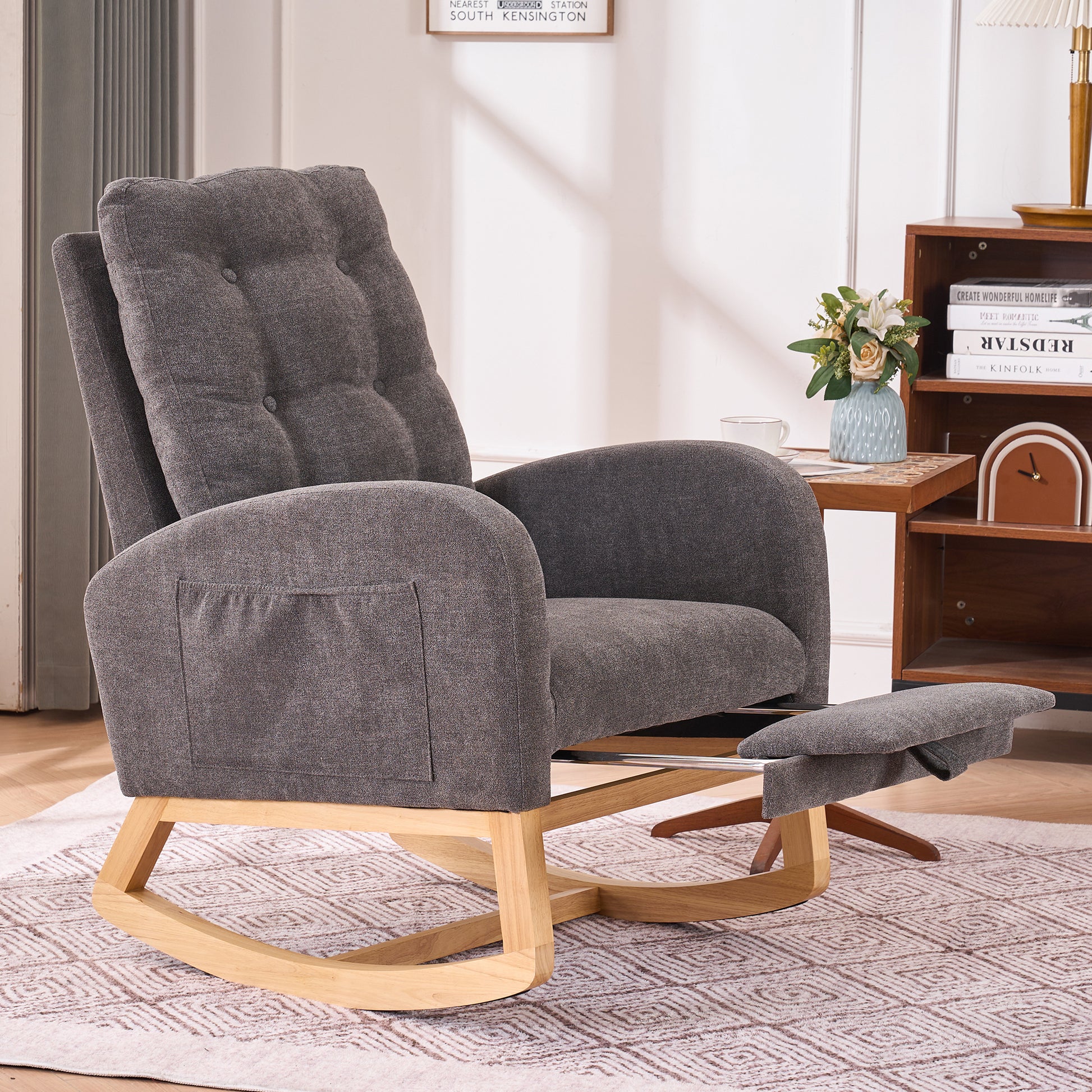 Accent Rocking Chair With Footrest High Back Rubber Wood Rocking Legs Bedroom Living Space 26.77D X 38.36W X 39.76H Inch Gray Primary Living Space Casual Accent Chairs Rubberwood Foam Foam Spring