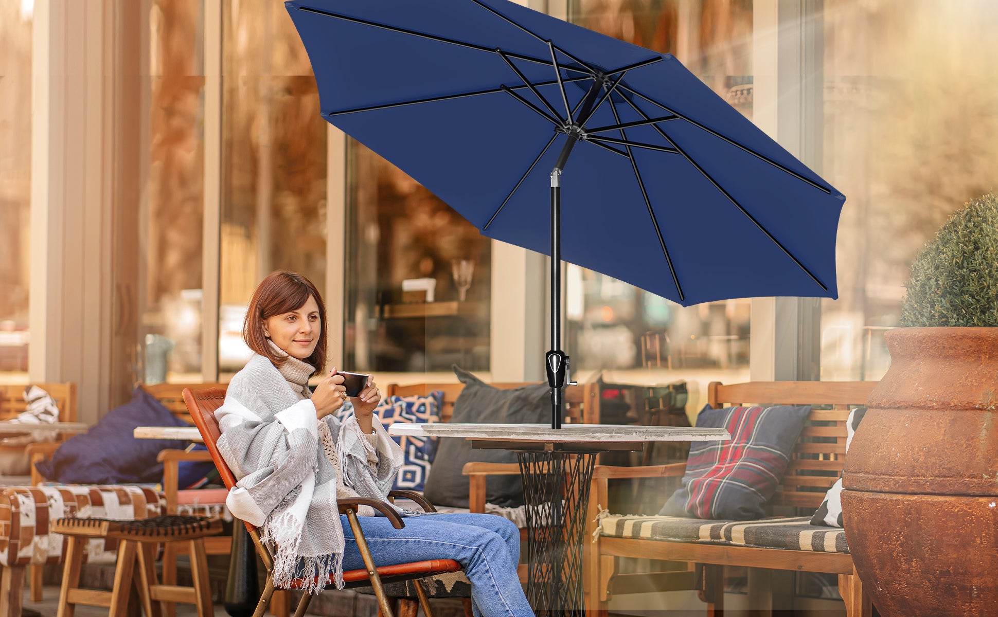 10' Patio Umbrella Outdoor Table Market Yard Umbrella With Push Button Tilt Crank Dark Blue Stainless Steel
