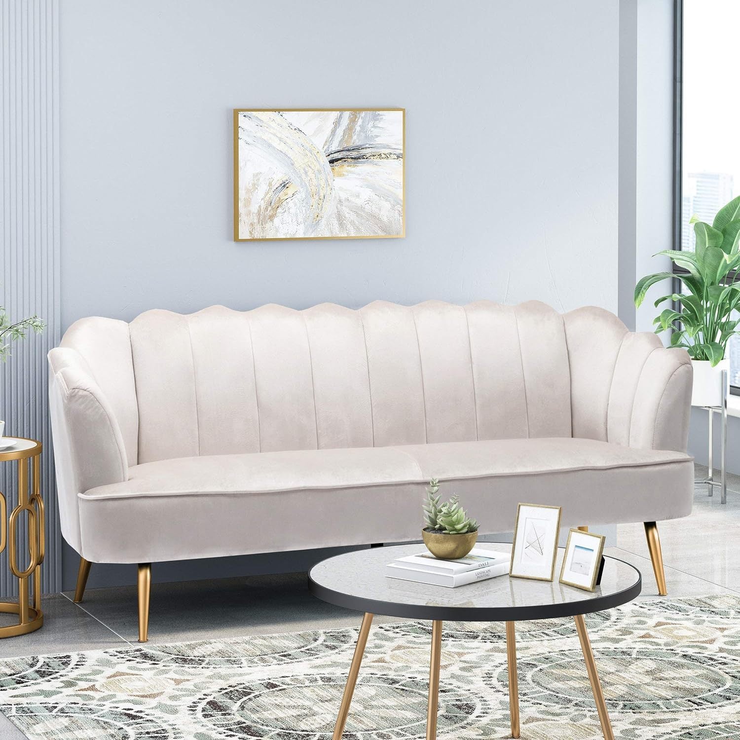 3 Seater Sofa Beige Velvet