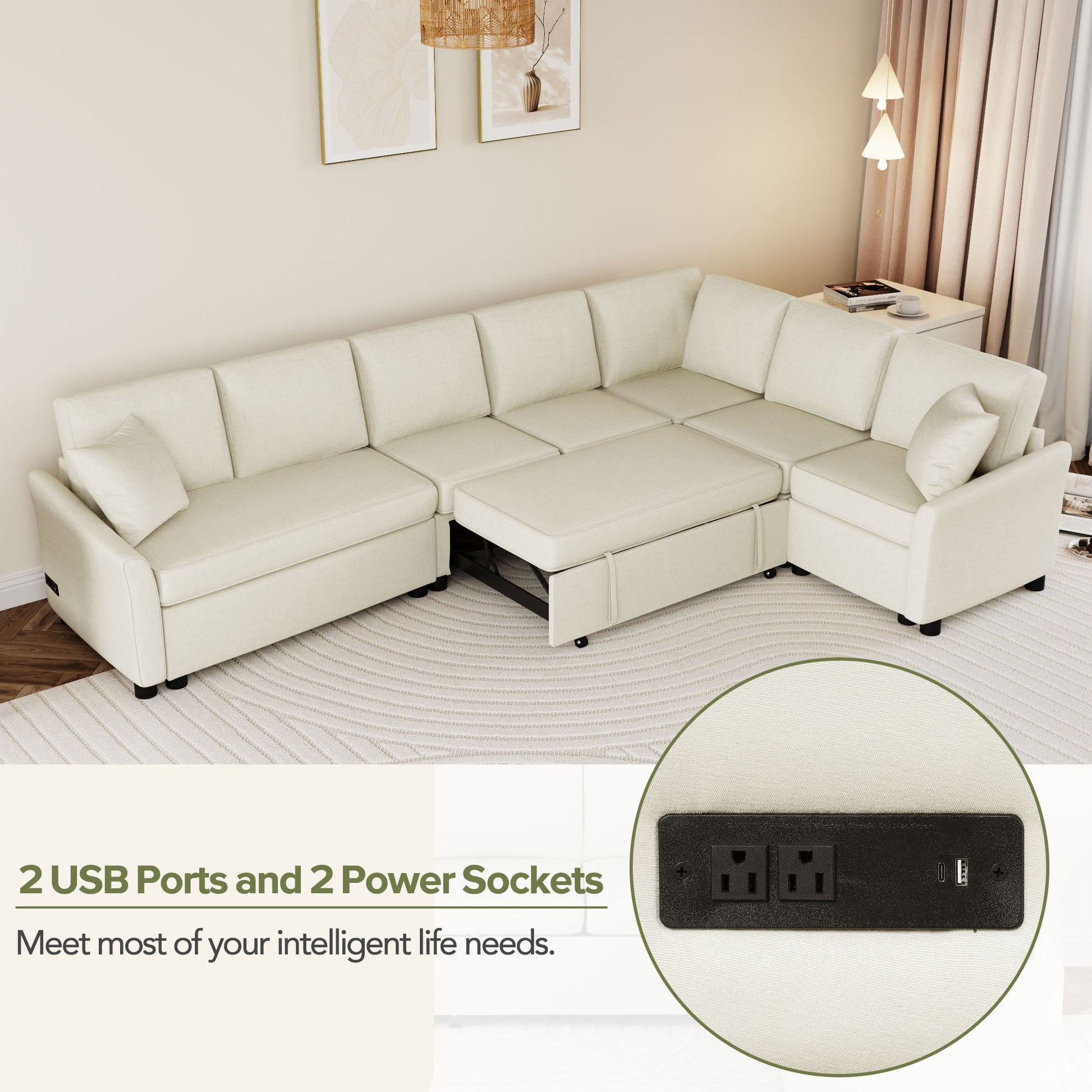 124.8"L Shaped Sofa Convertible Sofa Bed Pull Out Sofa Sleeper With Two Back Pillows, Two Usb Ports And Two Power Sockets For Living Room, Beige Old Sku:Sg000890Aaa Beige Foam Chenille 6 Seat