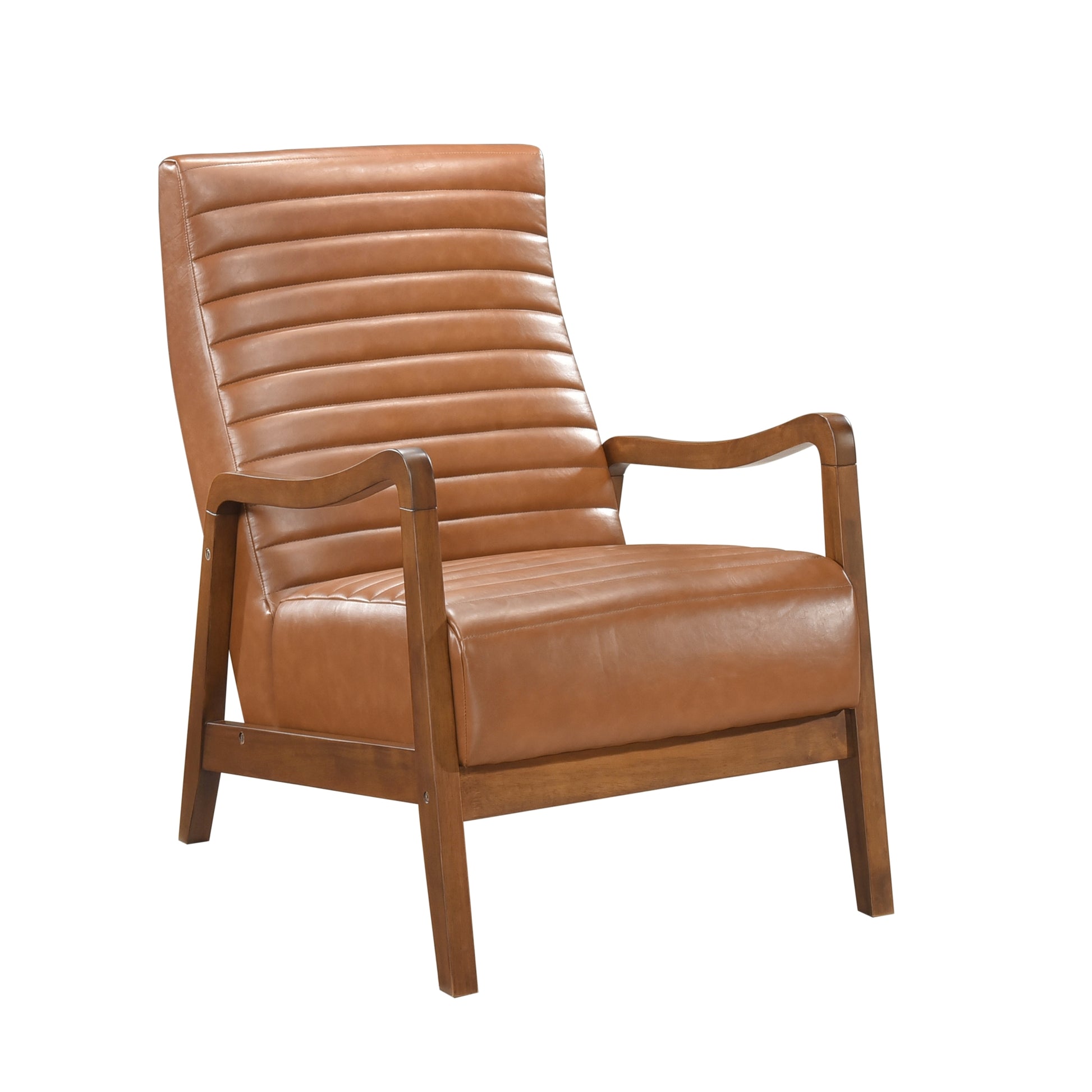 1Pc Accent Chair Brown Faux Leather Walnut Finish Solid Rubberwood Modern Living Room Furniture Brown Primary Living Space Modern Rubberwood Solid Wood