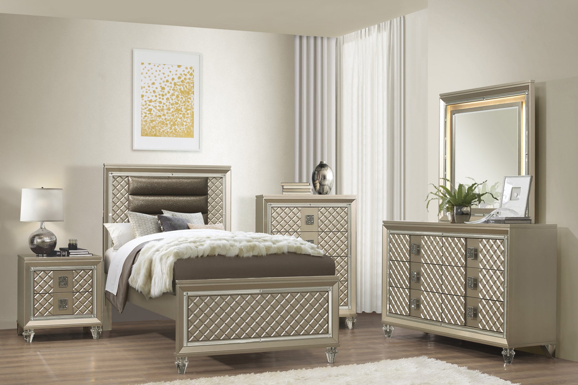 Glamorous Champagne Finish 1Pc Chest Of 4 Drawers Acrylic Feet Luxury Bedroom Furniture Beveled Mirror Trim Champagne Bedroom Luxury,Modern,Ultra Modern Wood