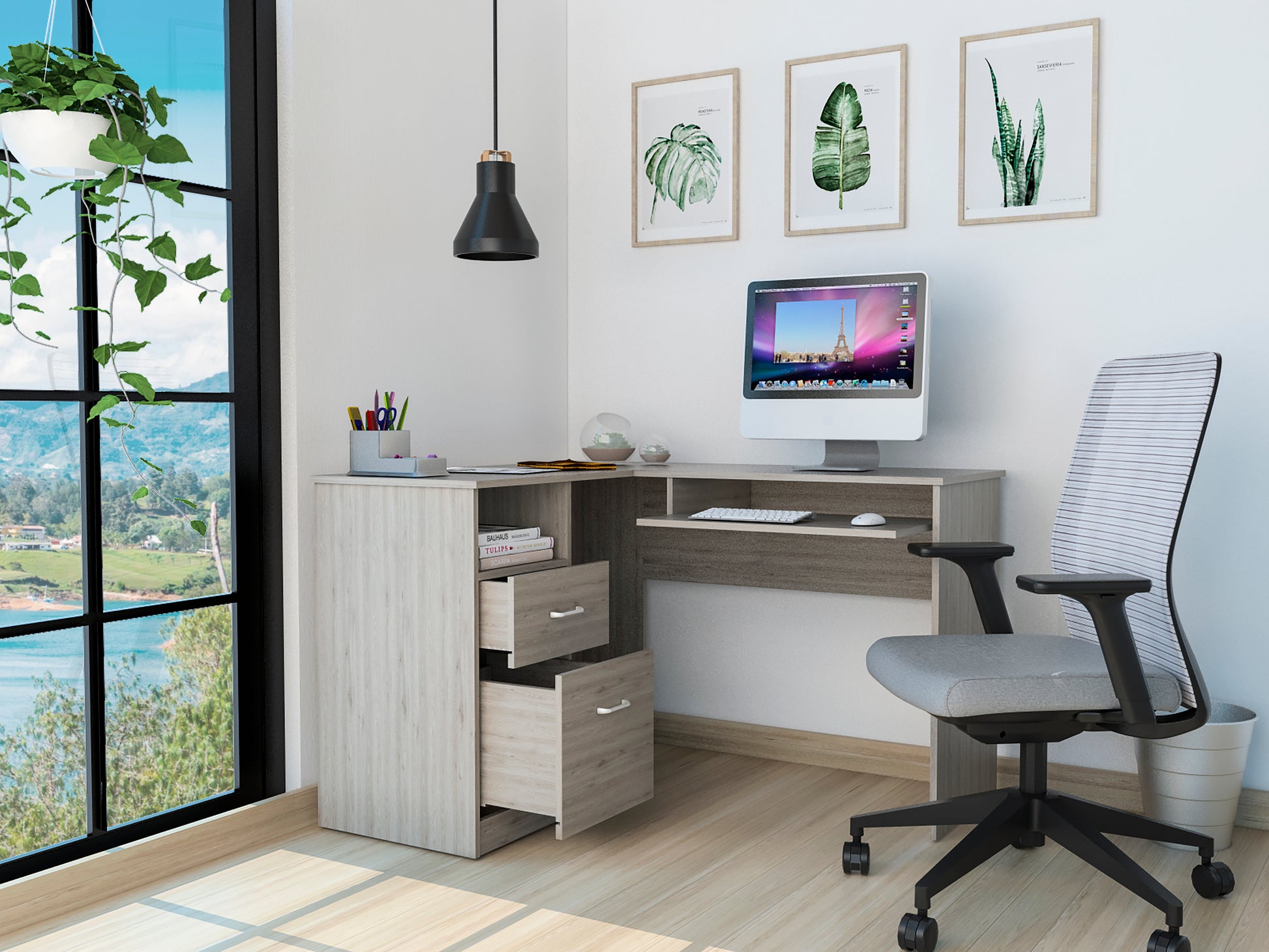 Raleigh L Shaped Desk, Two Drawers, One Shelf, Cpu Storage Light Gray Gray Computer Desk Office American Design Freestanding Pine Drawers Rectangular Pine Engineered Wood