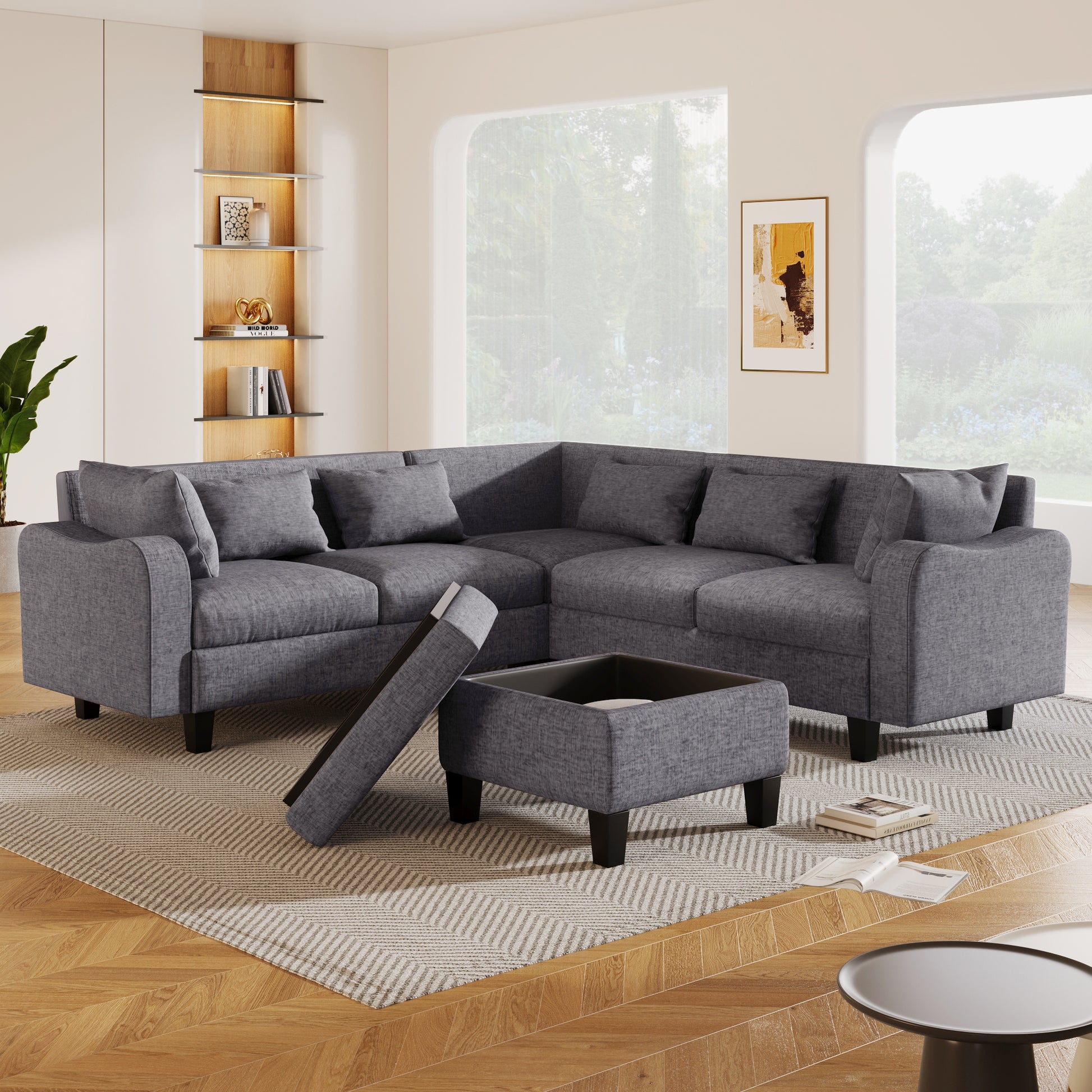 87" Modern Sectional Sofa With Coffee Table,6 Seat Couch Set With Storage Ottoman,Various Combinations,L Shape Indoor Furniture With Unique Armrests For Living Room,Apartment, 2 Colors 6 Pillows Gray Linen 6 Seat