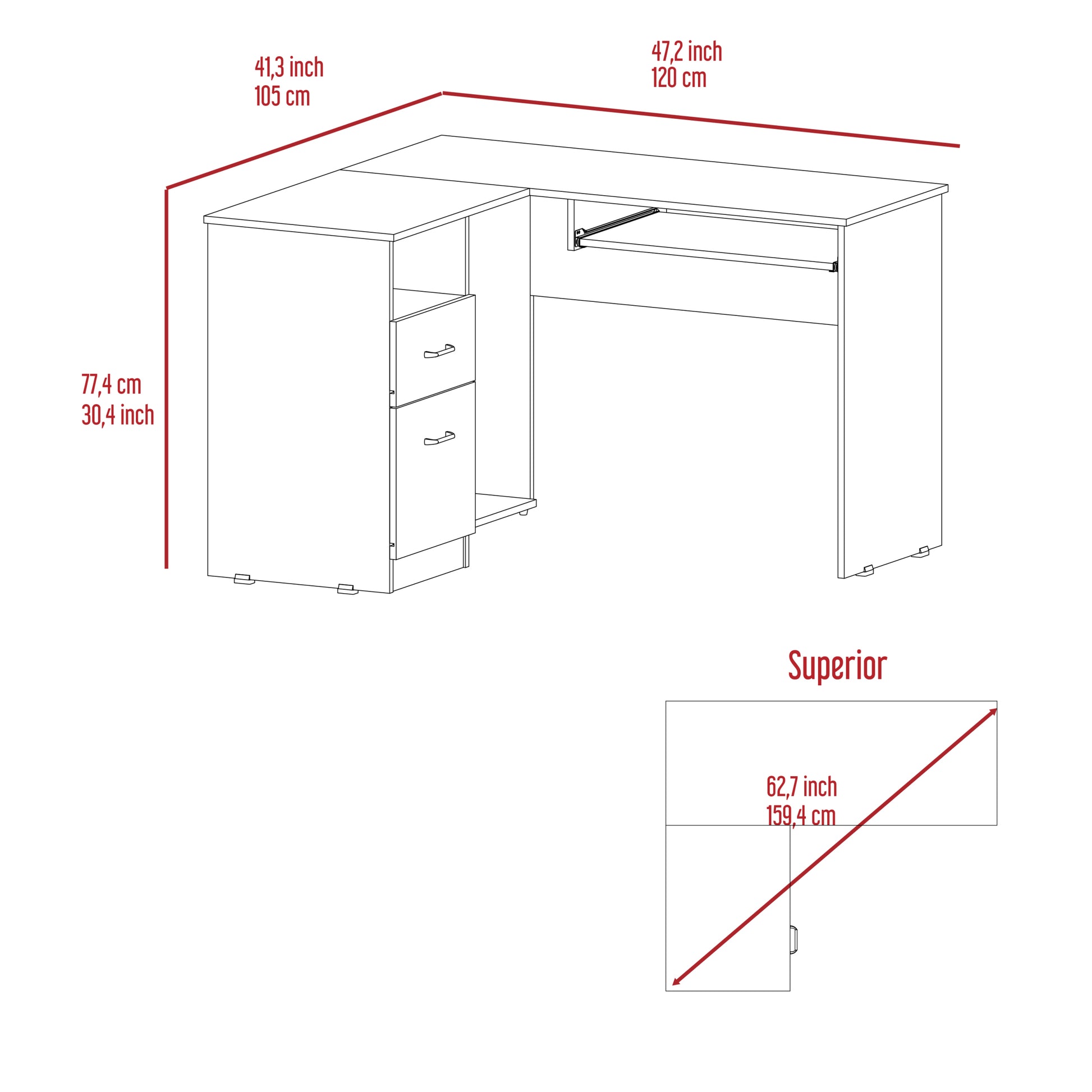 Raleigh L Shaped Desk, Two Drawers, One Shelf, Cpu Storage Light Gray Gray Computer Desk Office American Design Freestanding Pine Drawers Rectangular Pine Engineered Wood