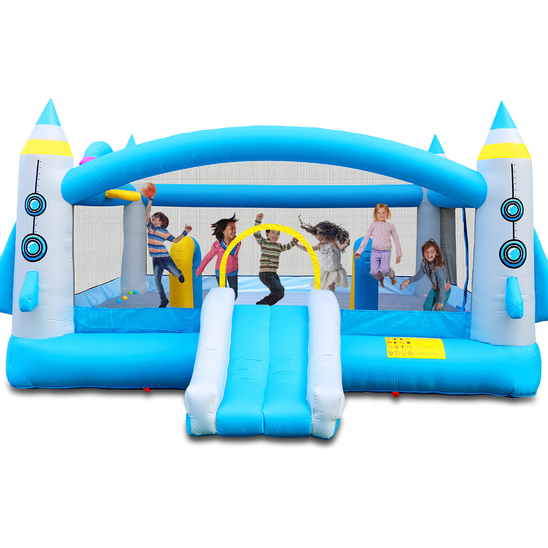 Multifunctional Jump 'N Slide Inflatable Bouncer For Kids Complete Setup With Blower 198" X 180" Play Area 96" Tall Multicolor Oxford Fabric Indoor & Outdoor Use