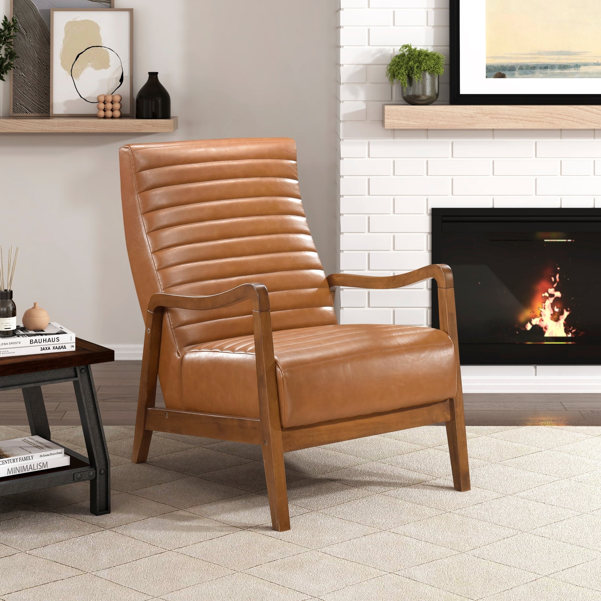 1Pc Accent Chair Brown Faux Leather Walnut Finish Solid Rubberwood Modern Living Room Furniture Brown Primary Living Space Modern Rubberwood Solid Wood